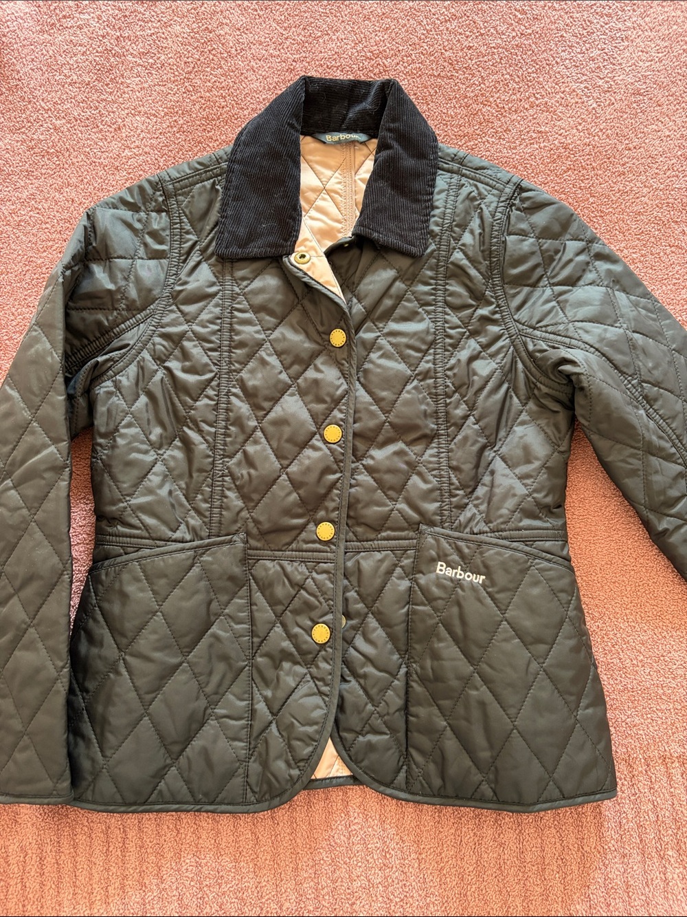 Barbour Girl’s Quilted Jacket in Olive with Corduroy Collar